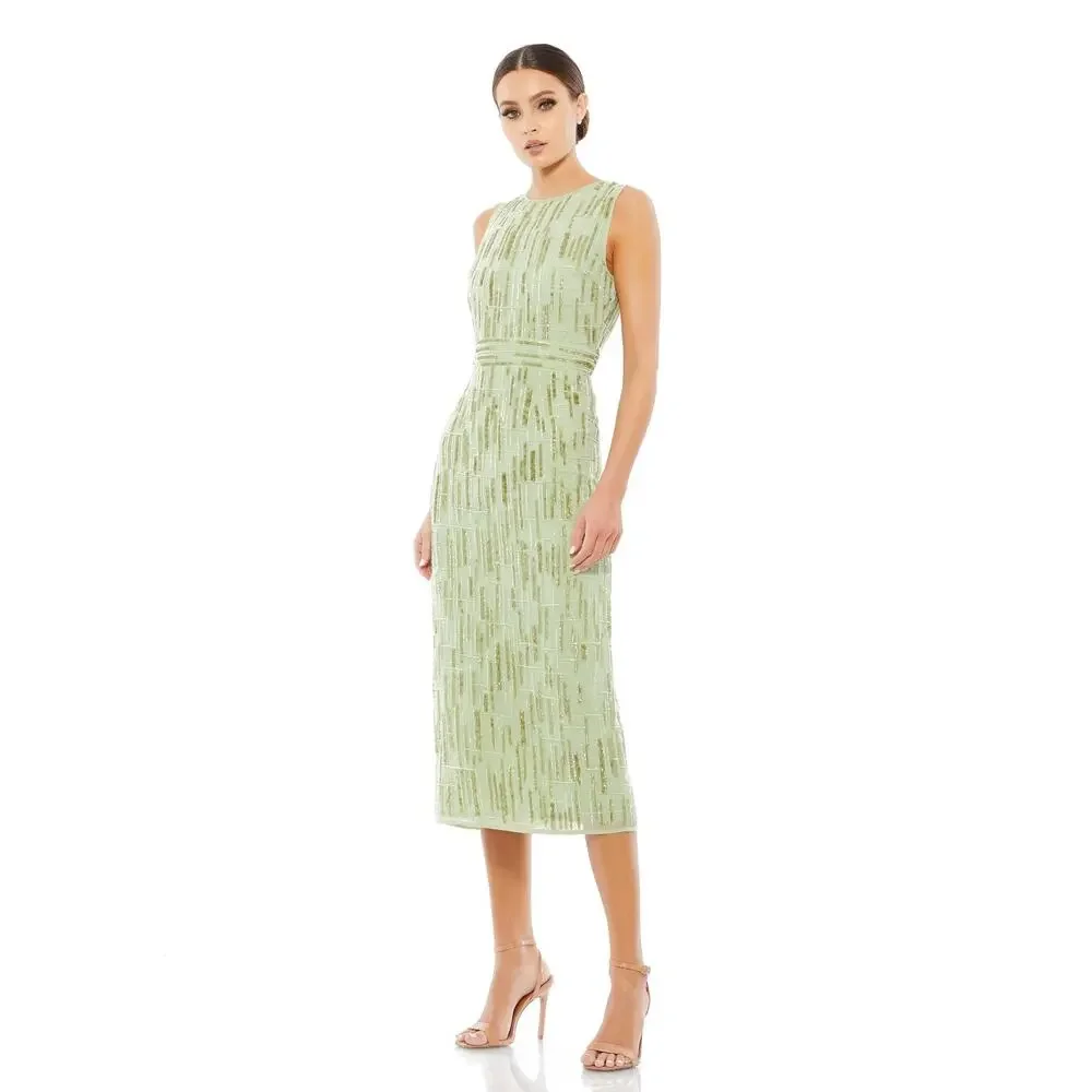 MAC DUGGAL 93597 Abstract Beaded Sleeveless Midi Sheath Dress Sage 16 NEW